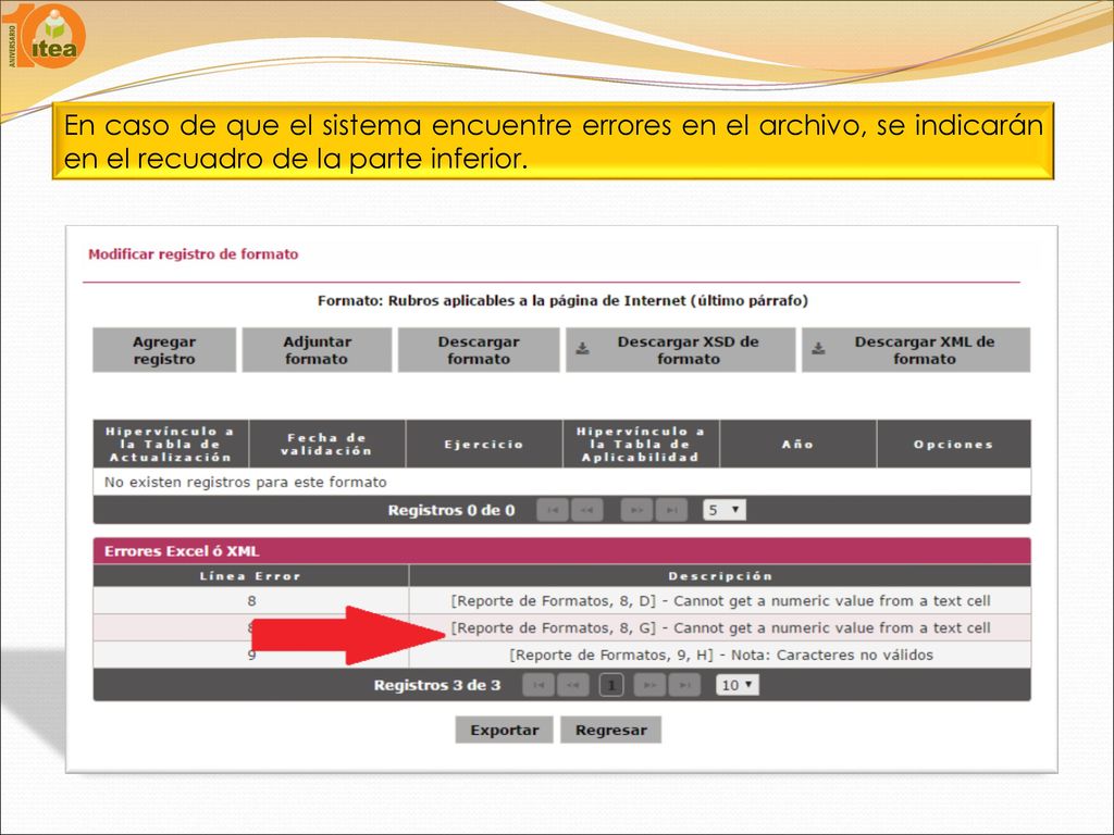 En caso de que el sistema encuentre errores en el archivo, se indicarán en el recuadro de la parte inferior.
