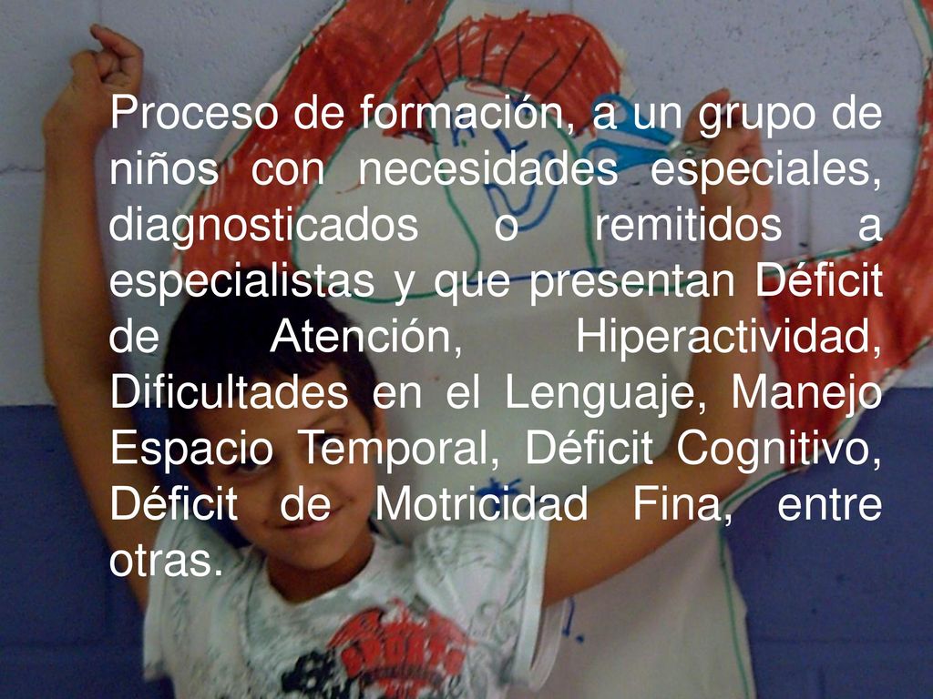 Proceso de formación, a un grupo de niños con necesidades especiales, diagnosticados o remitidos a especialistas y que presentan Déficit de Atención, Hiperactividad, Dificultades en el Lenguaje, Manejo Espacio Temporal, Déficit Cognitivo, Déficit de Motricidad Fina, entre otras.