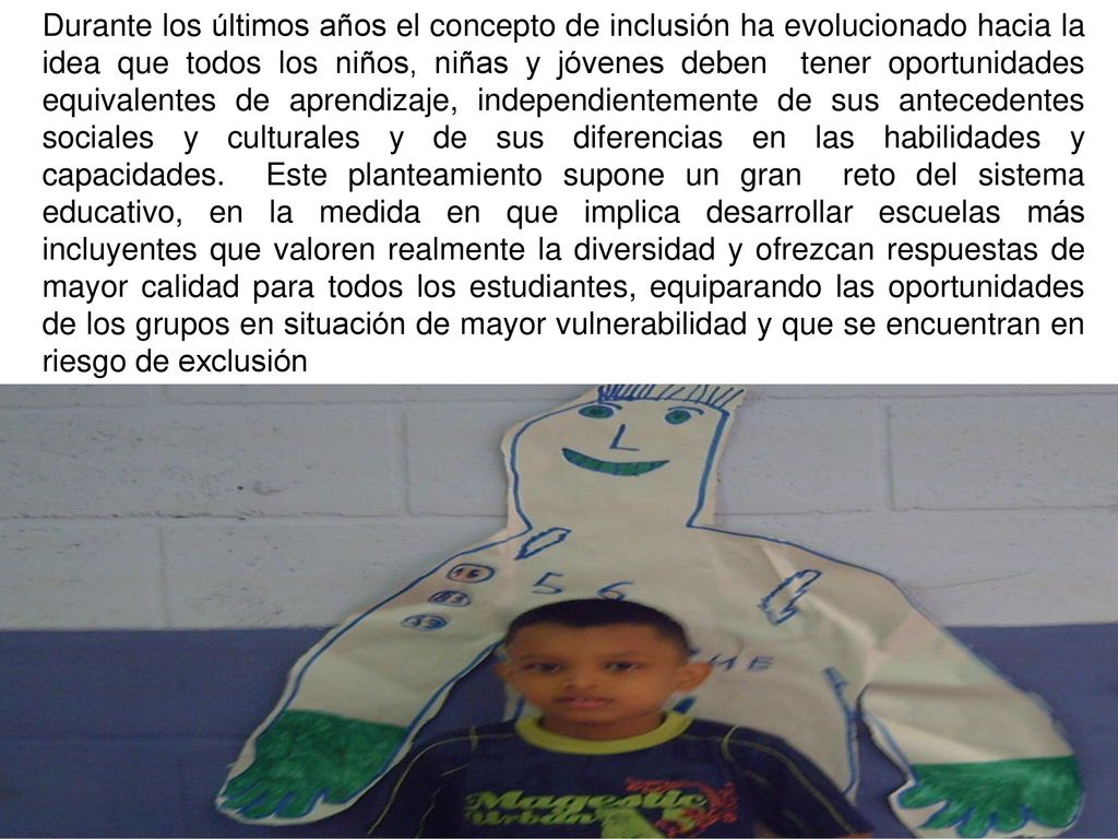 Durante los últimos años el concepto de inclusión ha evolucionado hacia la idea que todos los niños, niñas y jóvenes deben tener oportunidades equivalentes de aprendizaje, independientemente de sus antecedentes sociales y culturales y de sus diferencias en las habilidades y capacidades.