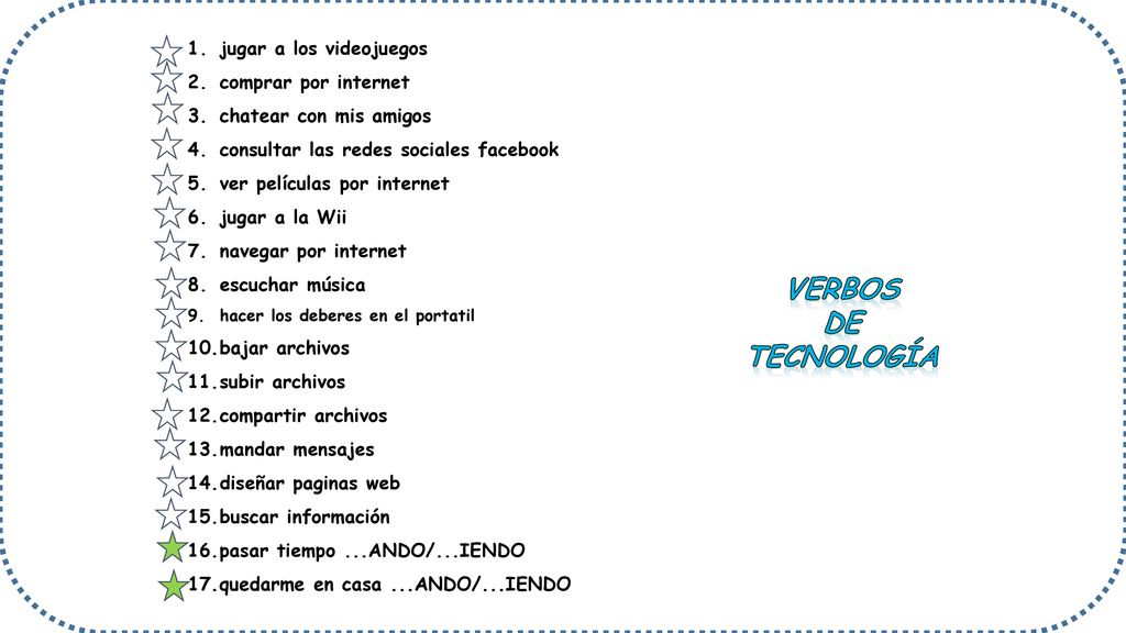 VERBOS DE TECNOLOGÍA jugar a los videojuegos comprar por internet