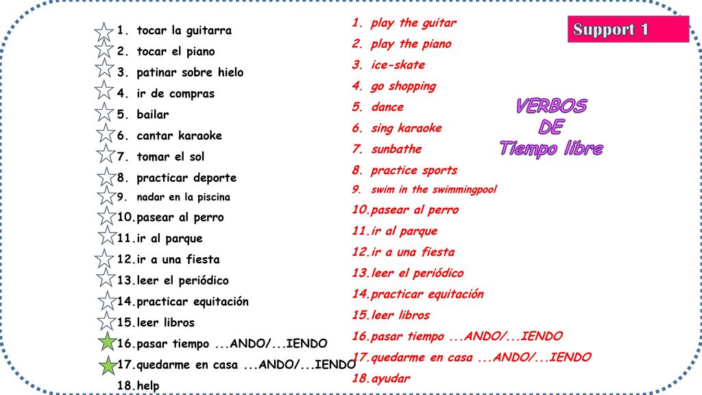 Support 1 VERBOS DE Tiempo libre play the guitar tocar la guitarra