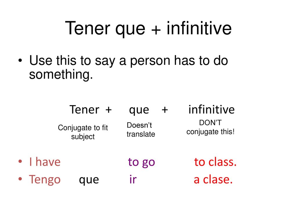 Tener que + infinitive Use this to say a person has to do something.