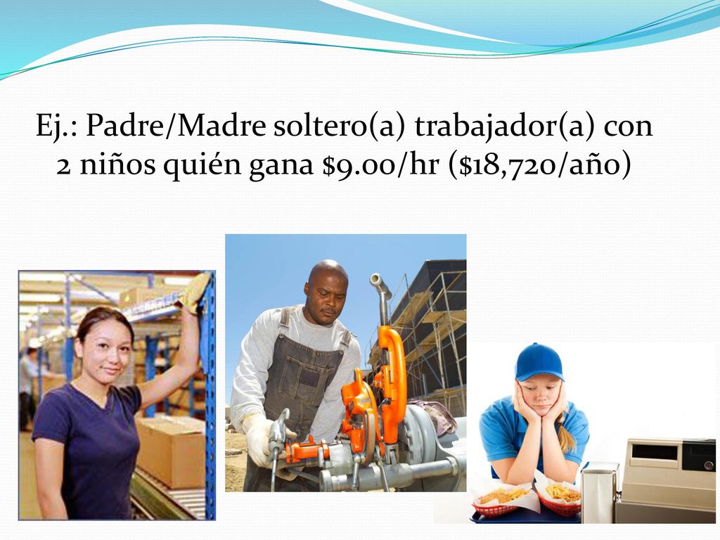Ej. : Padre/Madre soltero(a) trabajador(a) con 2 niños quién gana $9
