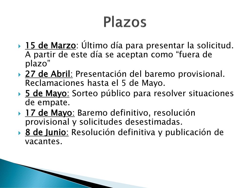 Plazos 15 de Marzo: Último día para presentar la solicitud. A partir de este día se aceptan como fuera de plazo