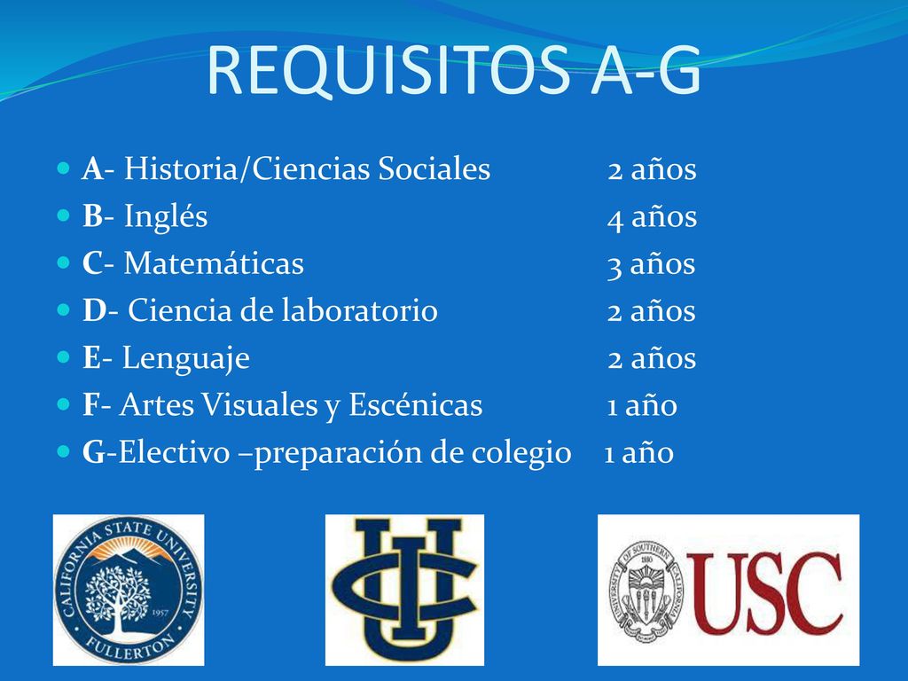 REQUISITOS A-G A- Historia/Ciencias Sociales 2 años B- Inglés 4 años