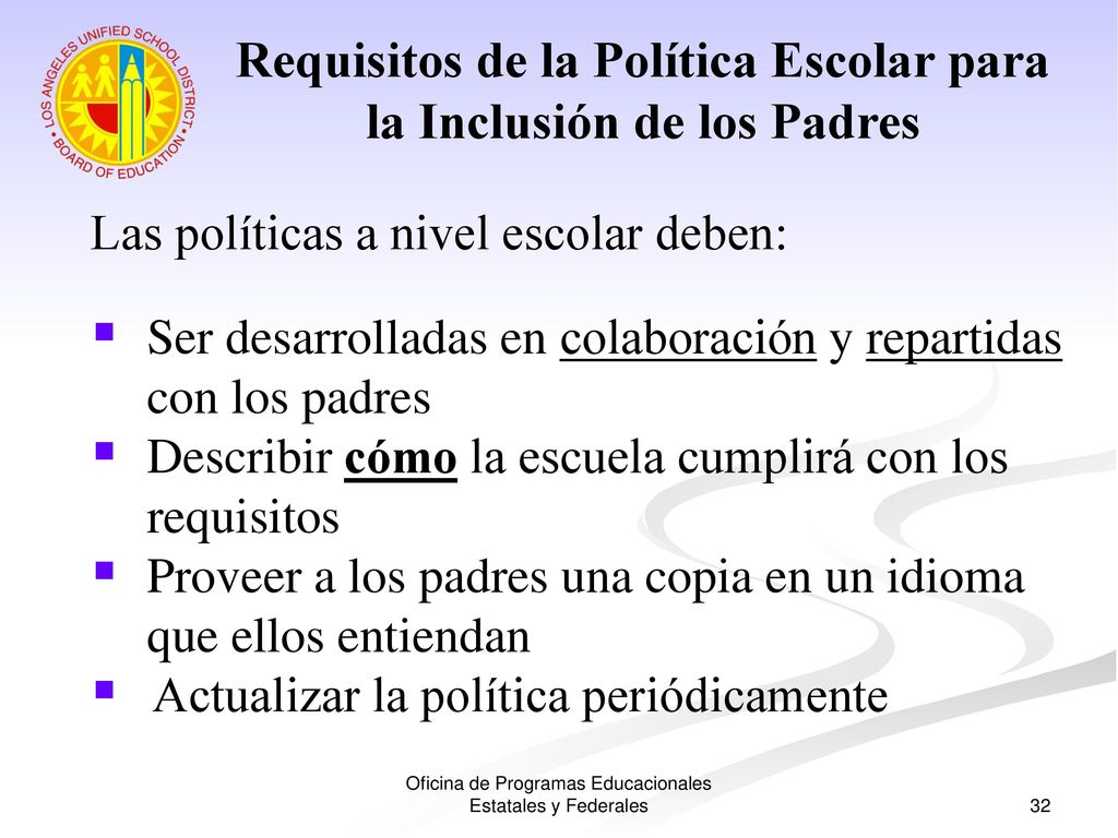 Requisitos de la Política Escolar para la Inclusión de los Padres