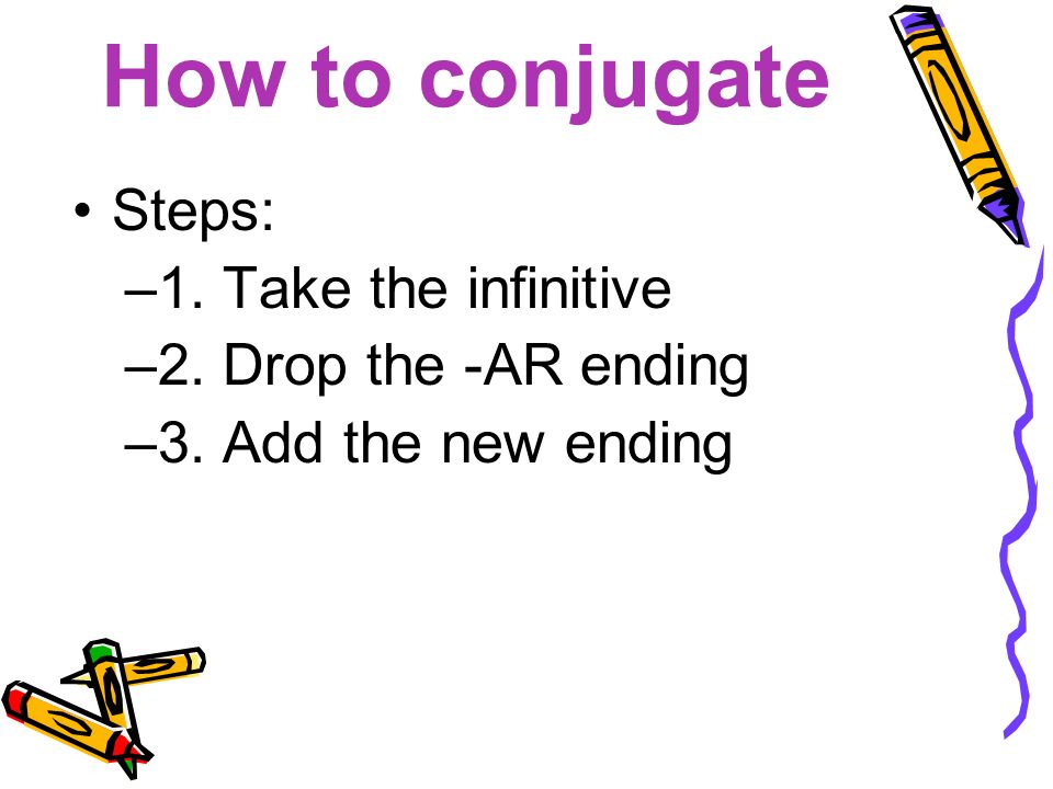 How to conjugate Steps: 1. Take the infinitive 2. Drop the -AR ending