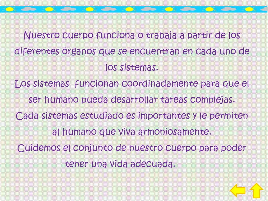 Nuestro cuerpo funciona o trabaja a partir de los diferentes órganos que se encuentran en cada uno de los sistemas.