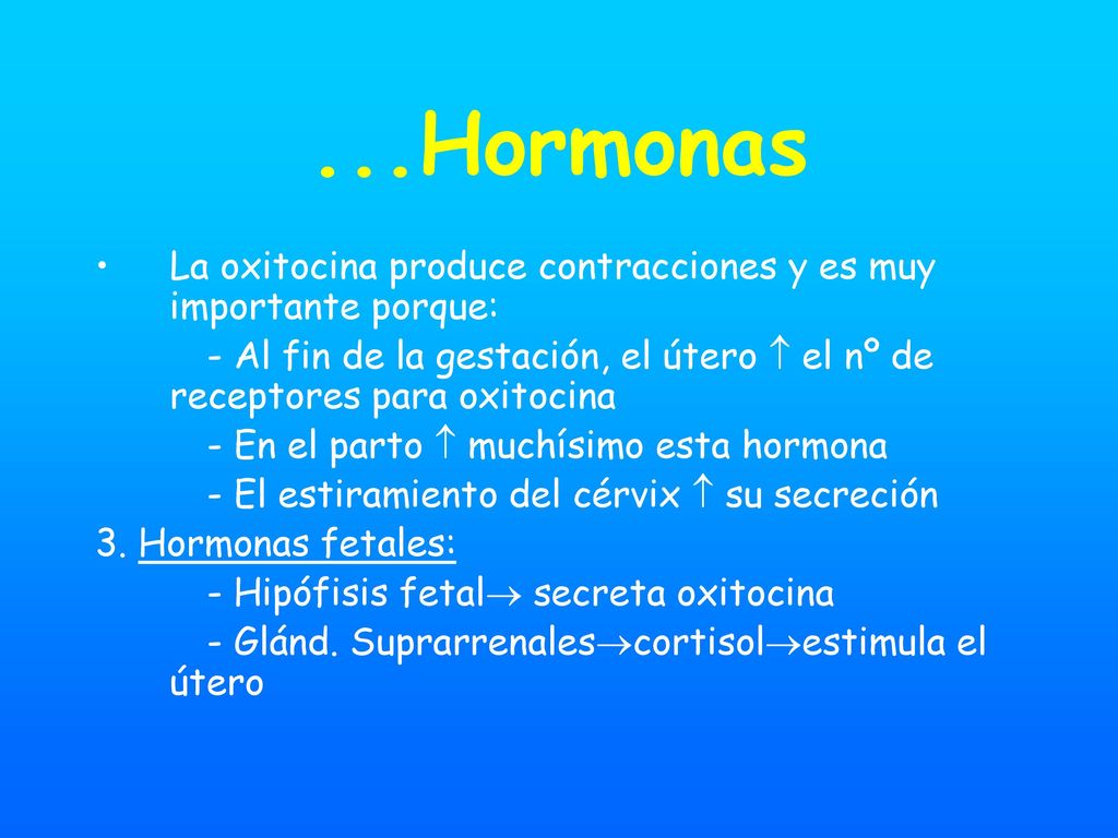 ...Hormonas La oxitocina produce contracciones y es muy importante porque: - Al fin de la gestación, el útero  el nº de receptores para oxitocina.