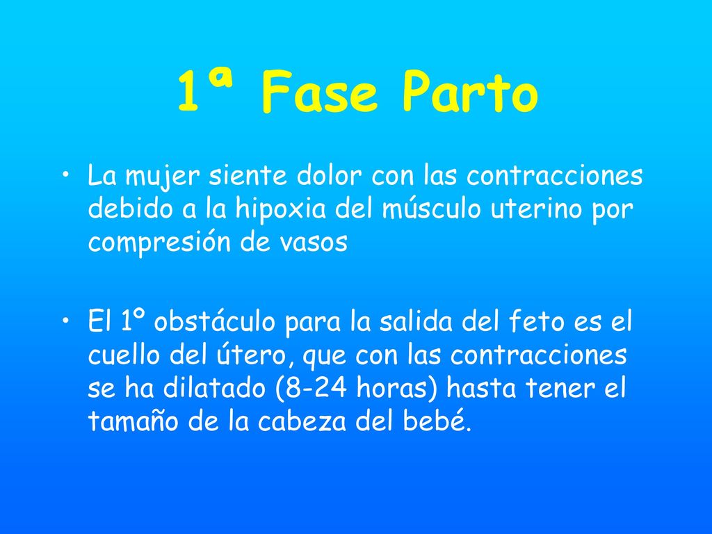 1ª Fase Parto La mujer siente dolor con las contracciones debido a la hipoxia del músculo uterino por compresión de vasos.