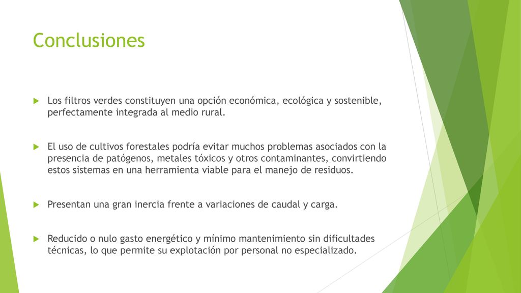 Conclusiones Los filtros verdes constituyen una opción económica, ecológica y sostenible, perfectamente integrada al medio rural.