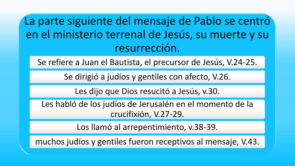 La parte siguiente del mensaje de Pablo se centró en el ministerio terrenal de Jesús, su muerte y su resurrección.
