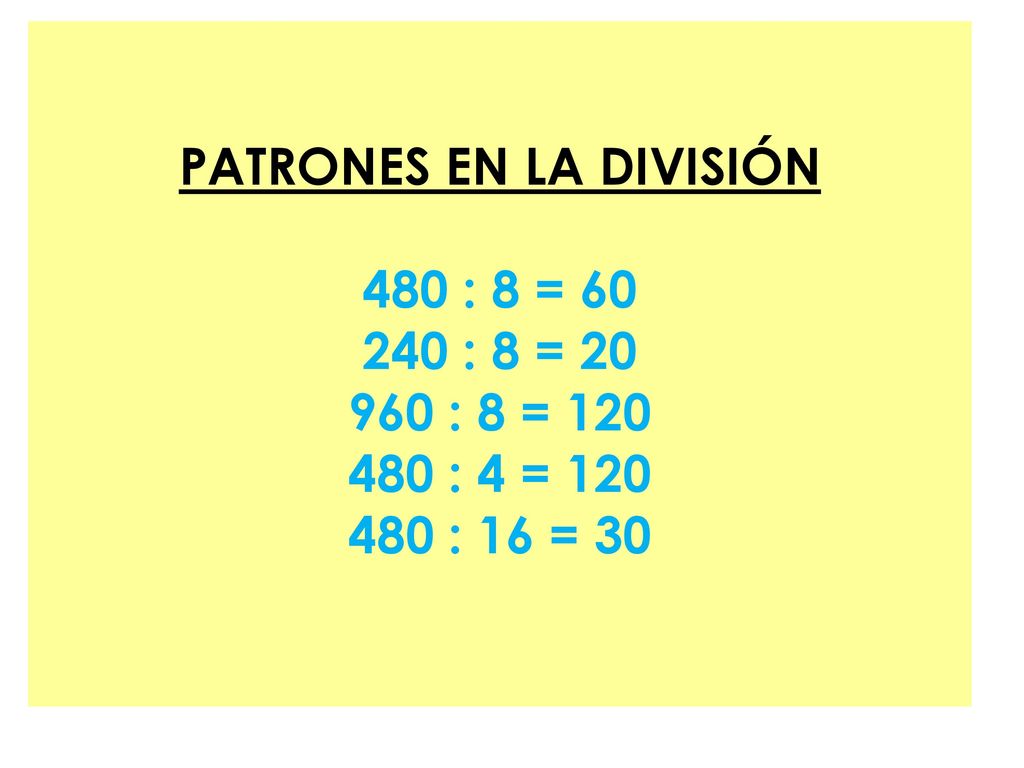 PATRONES EN LA DIVISIÓN 480 : 8 = : 8 = : 8 = : 4 = : 16 = 30