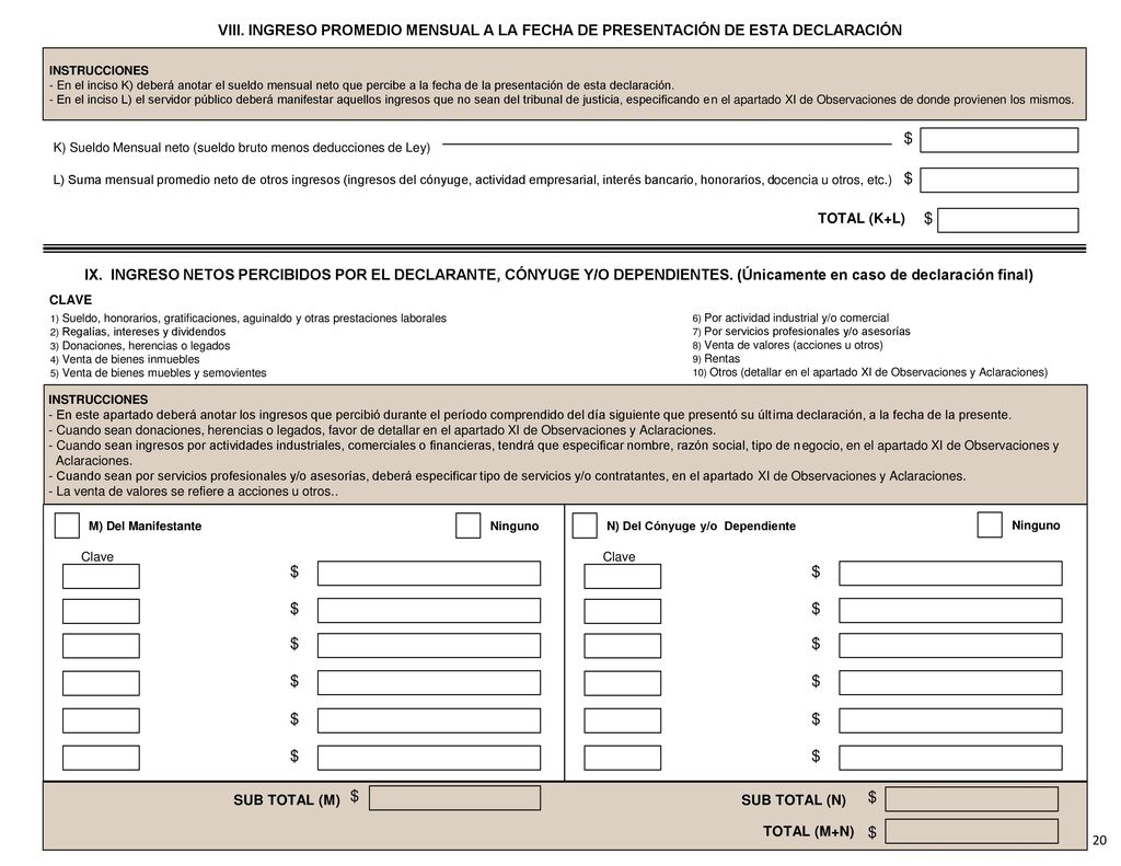 VIII. INGRESO PROMEDIO MENSUAL A LA FECHA DE PRESENTACIÓN DE ESTA DECLARACIÓN