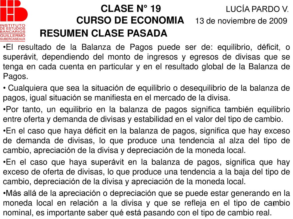CLASE N° 19 LUCÍA PARDO V. CURSO DE ECONOMIA 13 de noviembre de 2009
