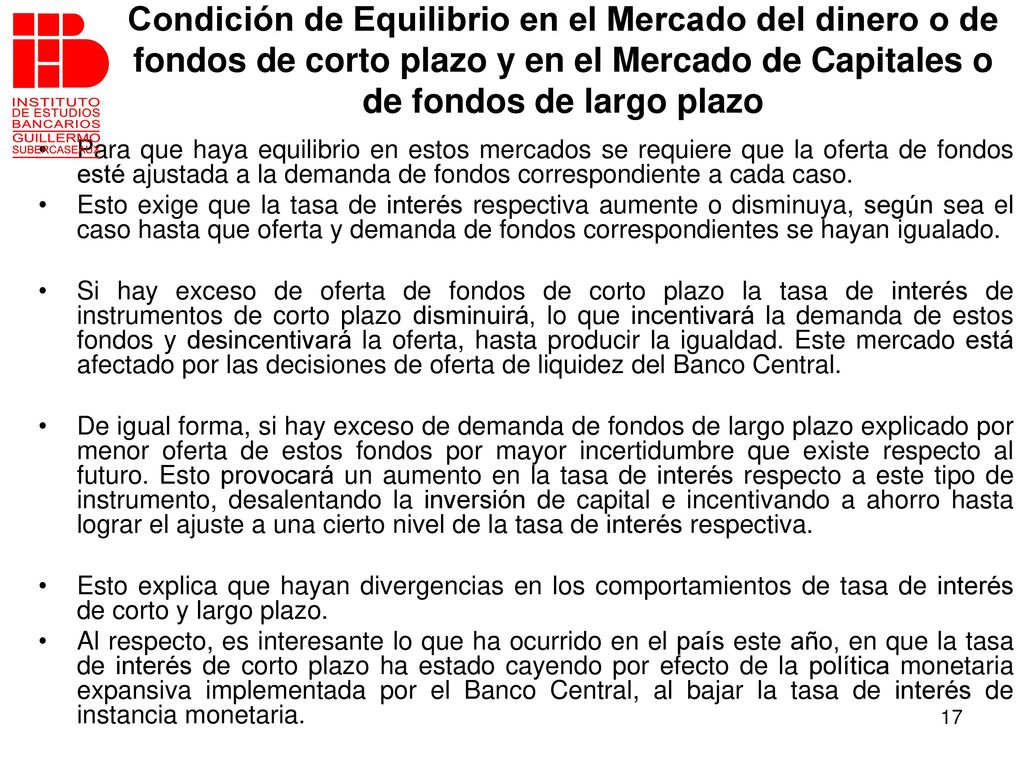 Condición de Equilibrio en el Mercado del dinero o de fondos de corto plazo y en el Mercado de Capitales o de fondos de largo plazo