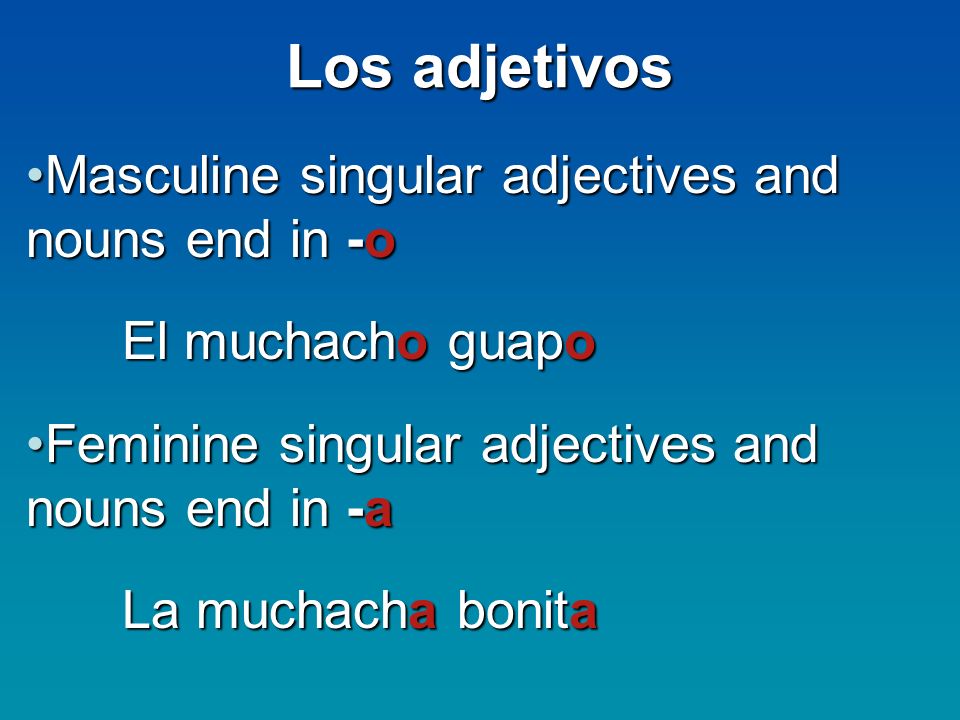 Los adjetivos Masculine singular adjectives and nouns end in -o