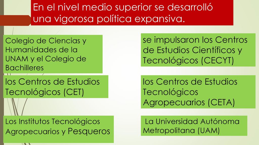 En el nivel medio superior se desarrolló una vigorosa política expansiva.