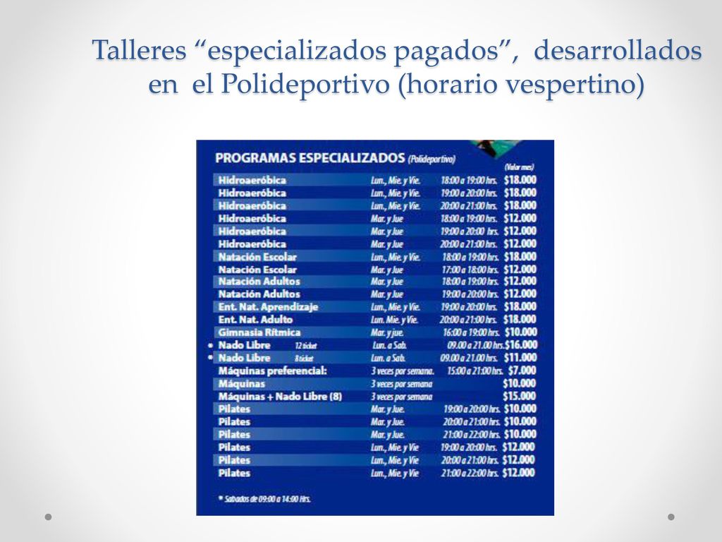 Talleres especializados pagados , desarrollados en el Polideportivo (horario vespertino)