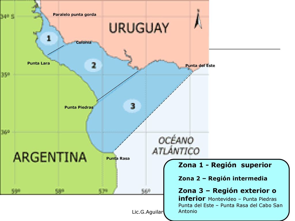 Paralelo punta gorda Colonia. Punta Lara. Punta del Este. Punta Piedras. Punta Rasa. Zona 1 - Región superior.