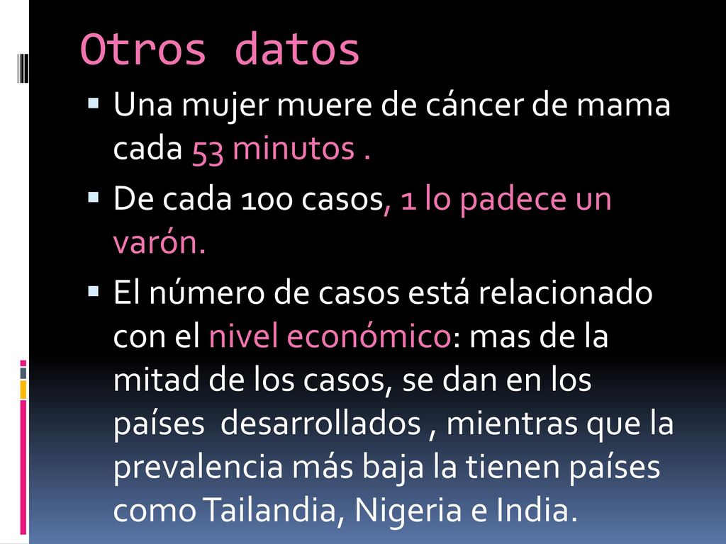Otros datos Una mujer muere de cáncer de mama cada 53 minutos .