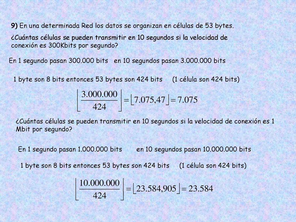 9) En una determinada Red los datos se organizan en células de 53 bytes.