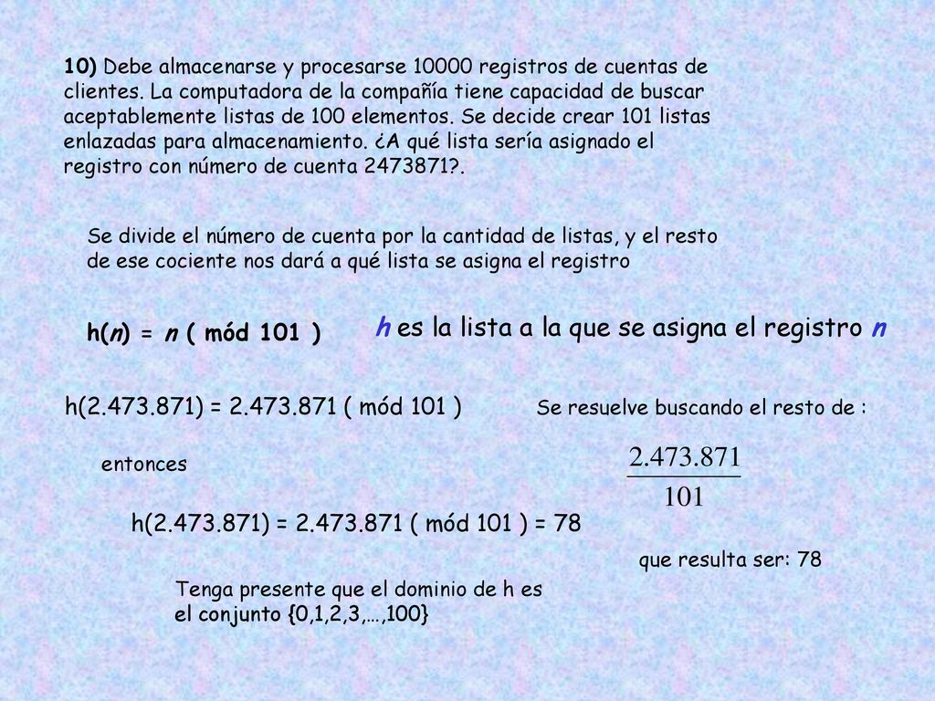 h es la lista a la que se asigna el registro n