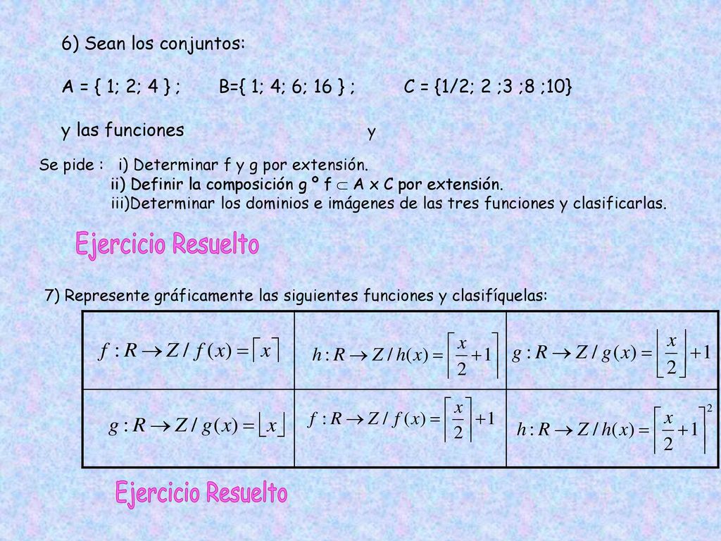 Sean los conjuntos: A = { 1; 2; 4 } ; B={ 1; 4; 6; 16 } ; C = {1/2; 2 ;3 ;8 ;10} y las funciones