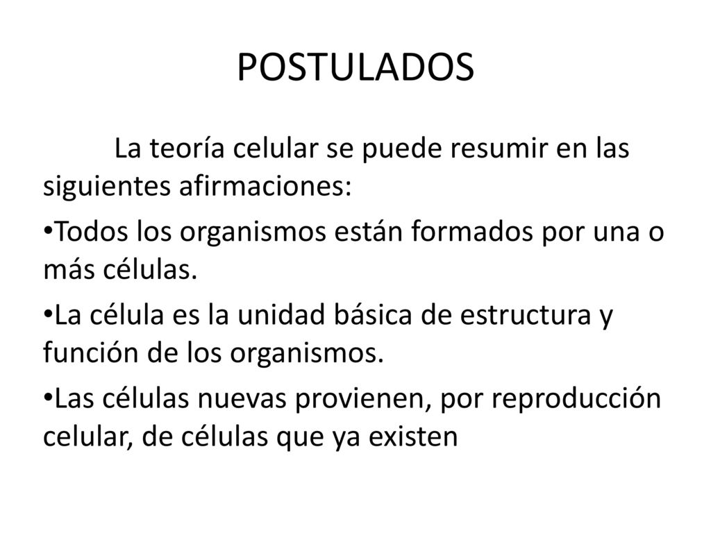 POSTULADOS La teoría celular se puede resumir en las siguientes afirmaciones: Todos los organismos están formados por una o más células.