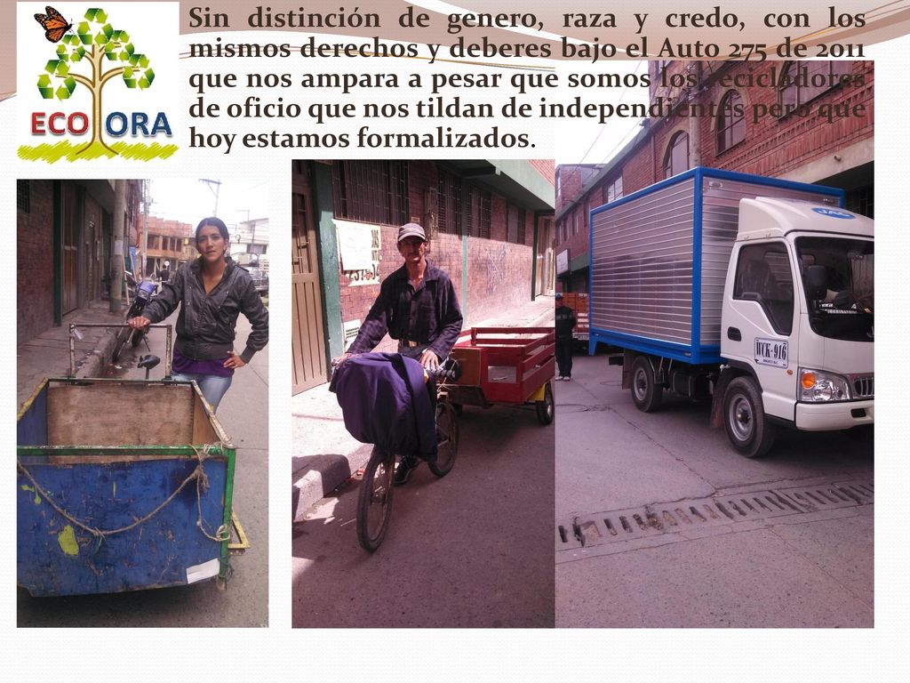 Sin distinción de genero, raza y credo, con los mismos derechos y deberes bajo el Auto 275 de 2011 que nos ampara a pesar que somos los recicladores de oficio que nos tildan de independientes pero que hoy estamos formalizados.