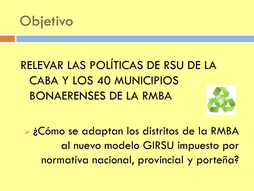 Objetivo RELEVAR LAS POLÍTICAS DE RSU DE LA CABA Y LOS 40 MUNICIPIOS BONAERENSES DE LA RMBA.