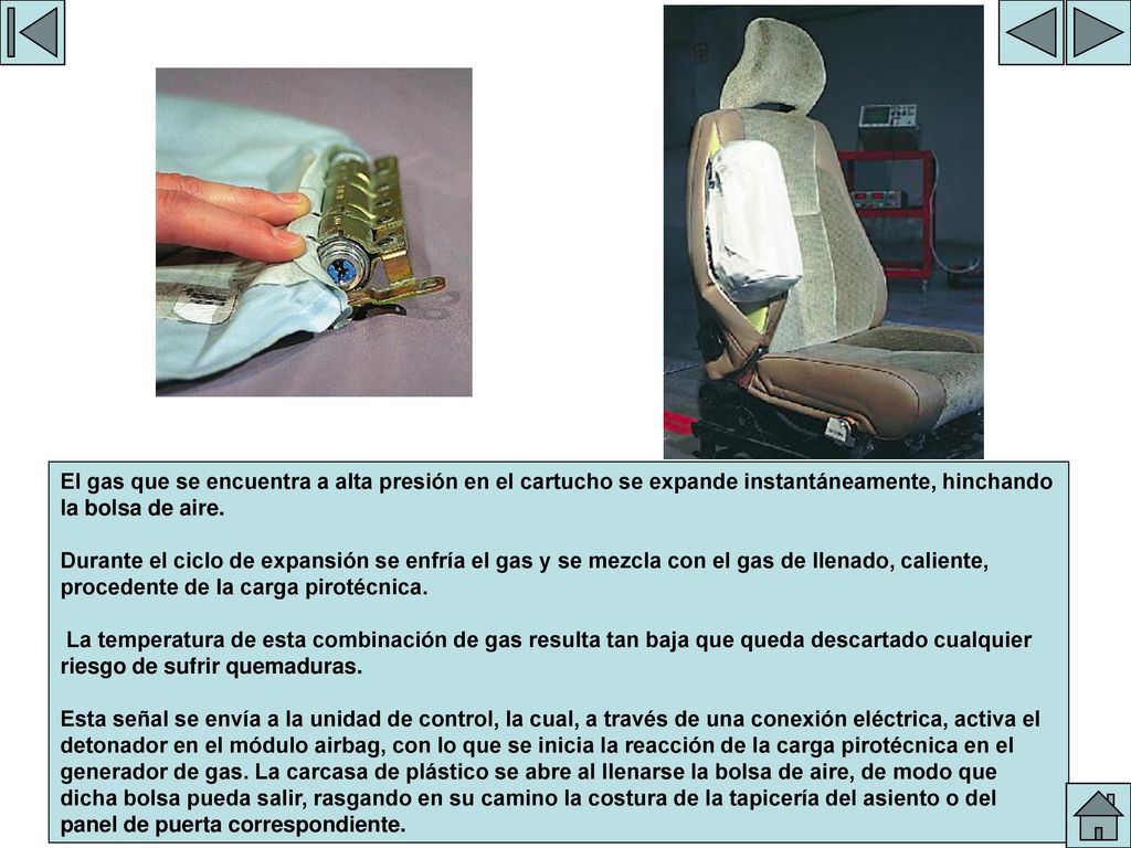 VISTA DEL CARTUCHO El gas que se encuentra a alta presión en el cartucho se expande instantáneamente, hinchando la bolsa de aire.