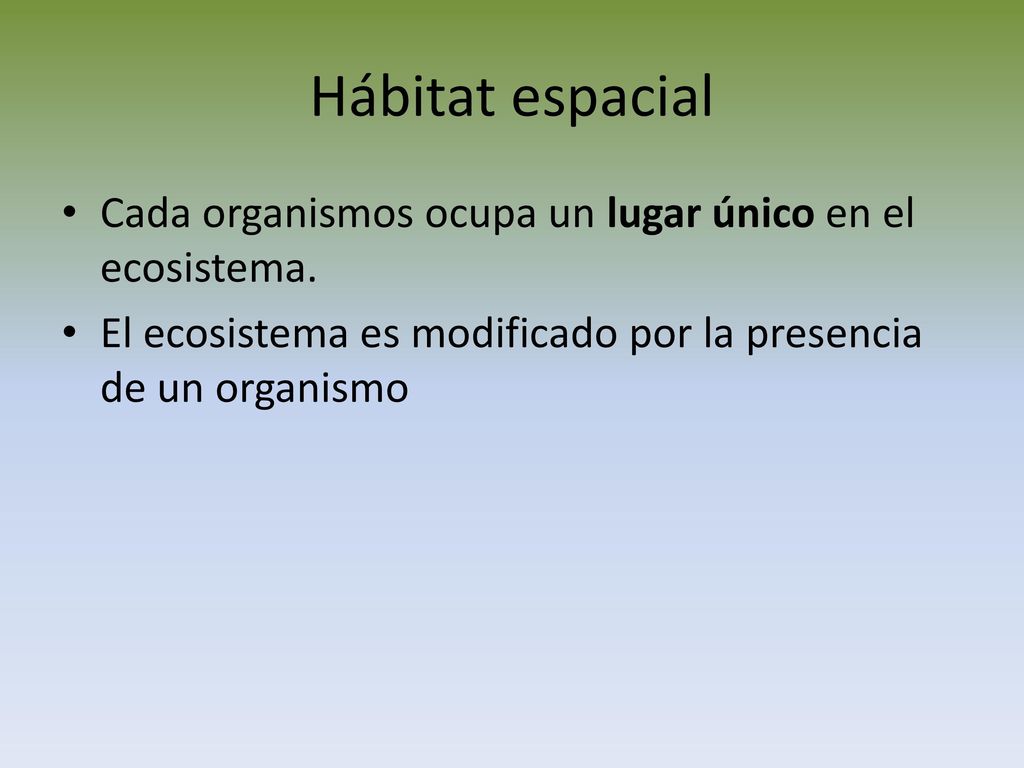 Hábitat espacial Cada organismos ocupa un lugar único en el ecosistema.