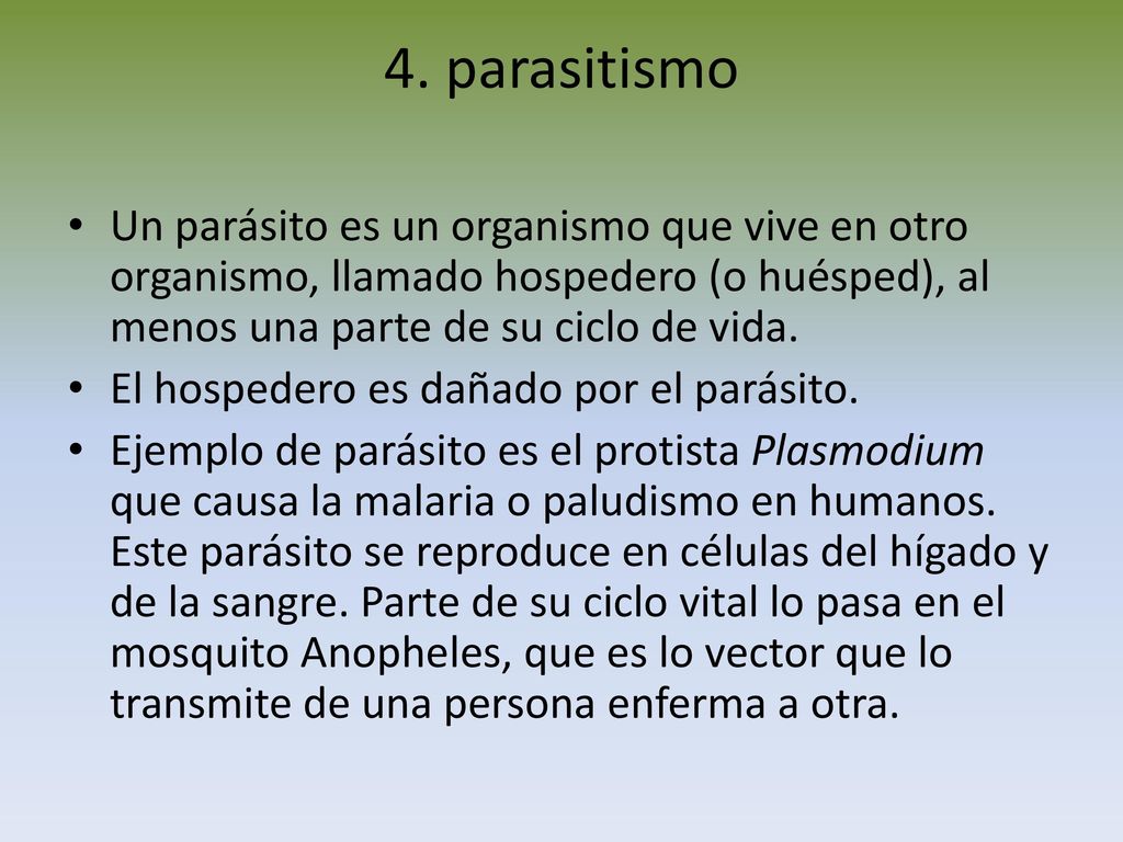4. parasitismo Un parásito es un organismo que vive en otro organismo, llamado hospedero (o huésped), al menos una parte de su ciclo de vida.