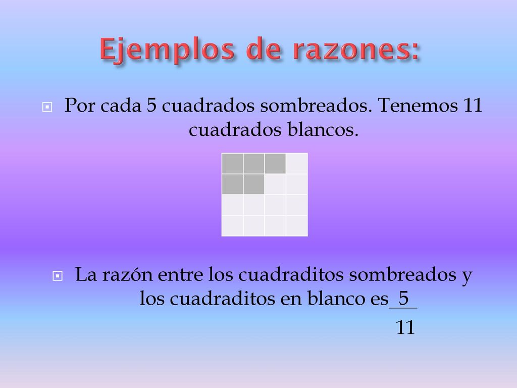 Por cada 5 cuadrados sombreados. Tenemos 11 cuadrados blancos.