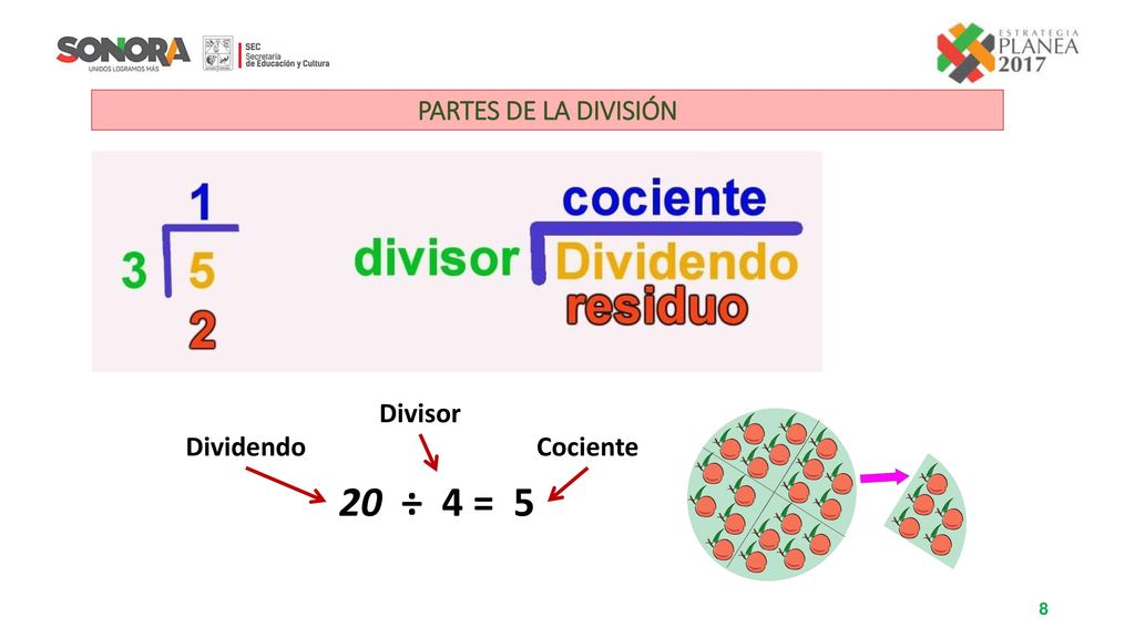 PARTES DE LA DIVISIÓN 20 ÷ 4 = 5 Dividendo Divisor Cociente