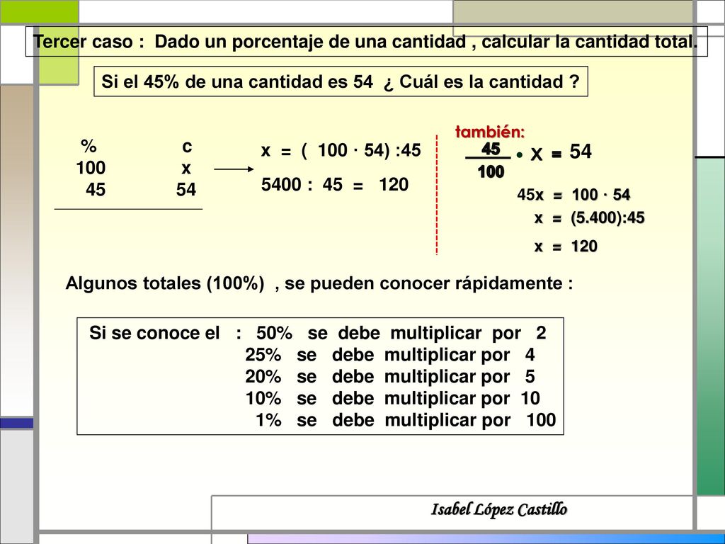 Tercer caso : Dado un porcentaje de una cantidad , calcular la cantidad total.
