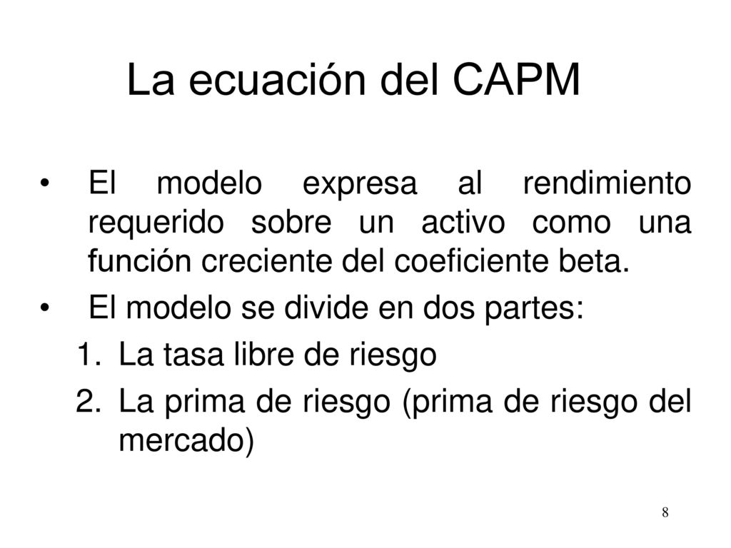 La ecuación del CAPM El modelo expresa al rendimiento requerido sobre un activo como una función creciente del coeficiente beta.