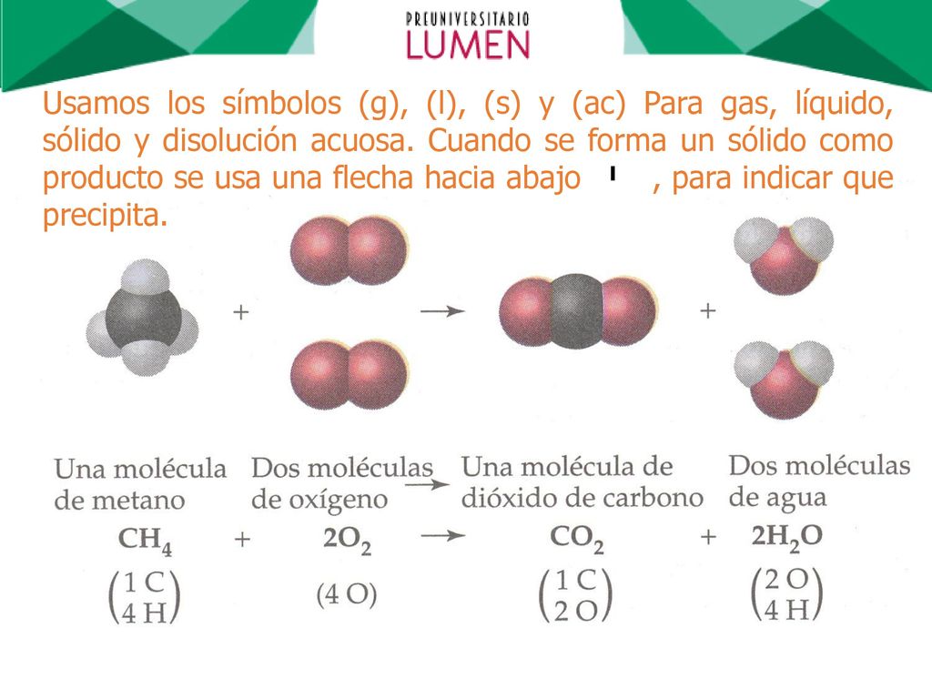 Usamos los símbolos (g), (l), (s) y (ac) Para gas, líquido, sólido y disolución acuosa.