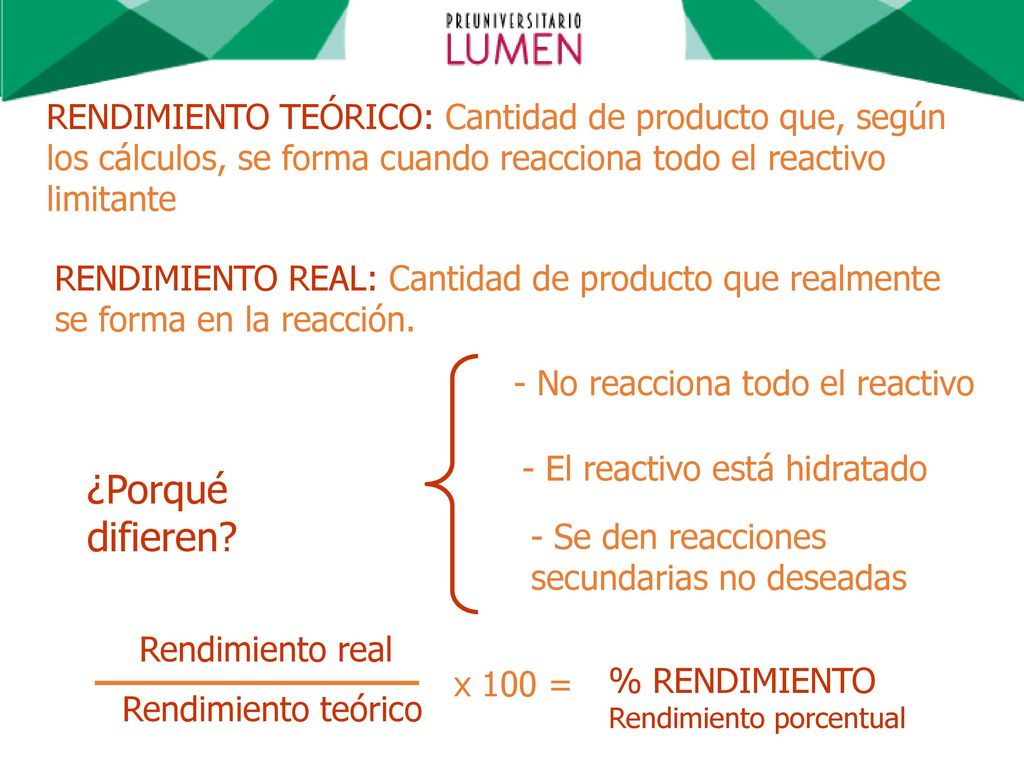 RENDIMIENTO TEÓRICO: Cantidad de producto que, según los cálculos, se forma cuando reacciona todo el reactivo limitante