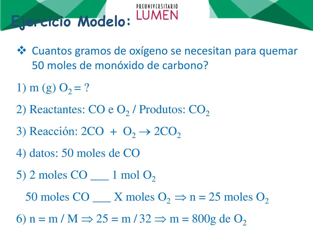 Ejercicio Modelo: Cuantos gramos de oxígeno se necesitan para quemar 50 moles de monóxido de carbono