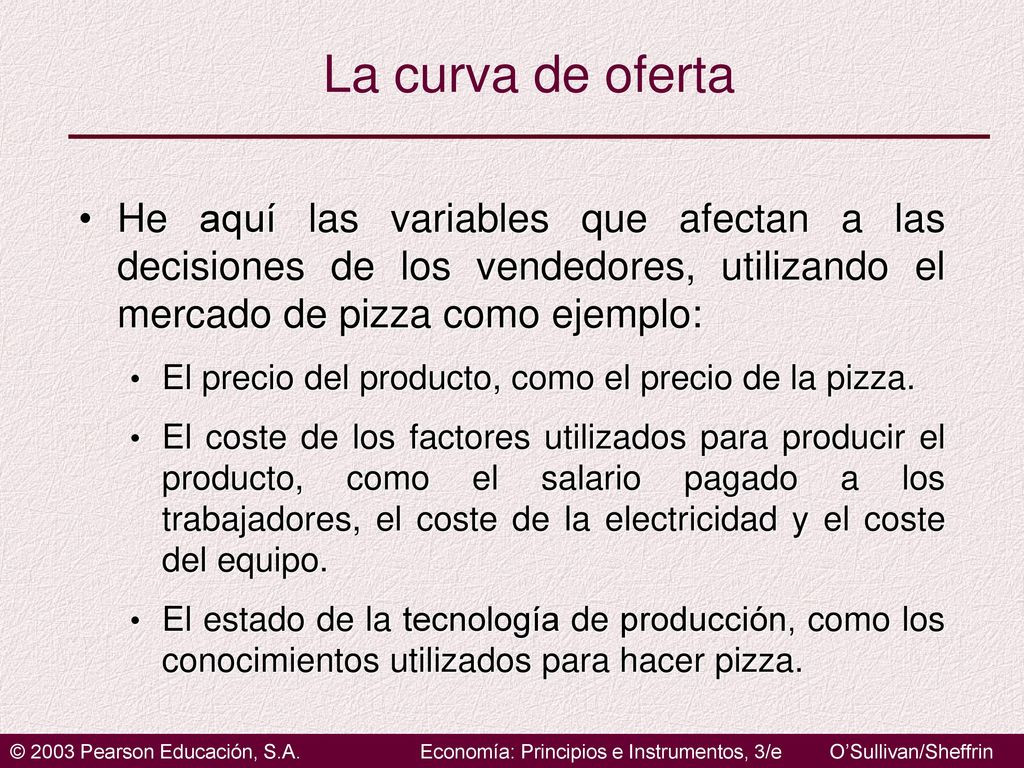La curva de oferta He aquí las variables que afectan a las decisiones de los vendedores, utilizando el mercado de pizza como ejemplo: