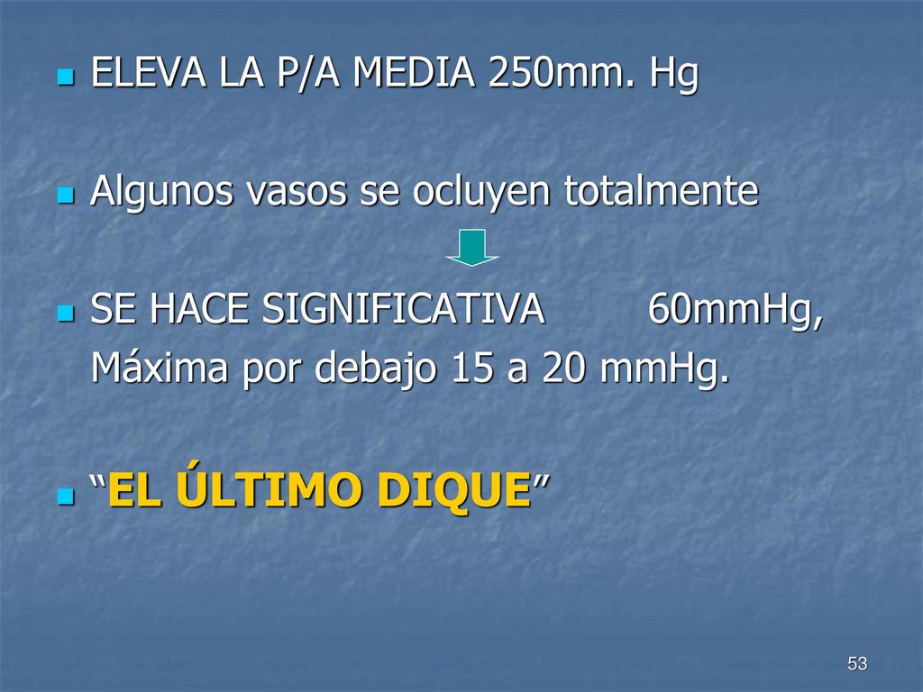 ELEVA LA P/A MEDIA 250mm. Hg Algunos vasos se ocluyen totalmente. SE HACE SIGNIFICATIVA 60mmHg,