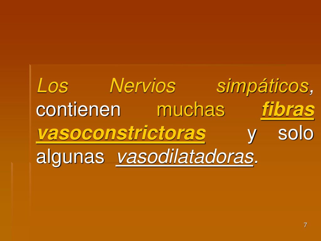 Los Nervios simpáticos, contienen muchas fibras vasoconstrictoras y solo algunas vasodilatadoras.