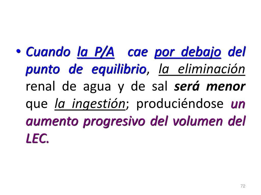 Cuando la P/A cae por debajo del punto de equilibrio, la eliminación renal de agua y de sal será menor que la ingestión; produciéndose un aumento progresivo del volumen del LEC.