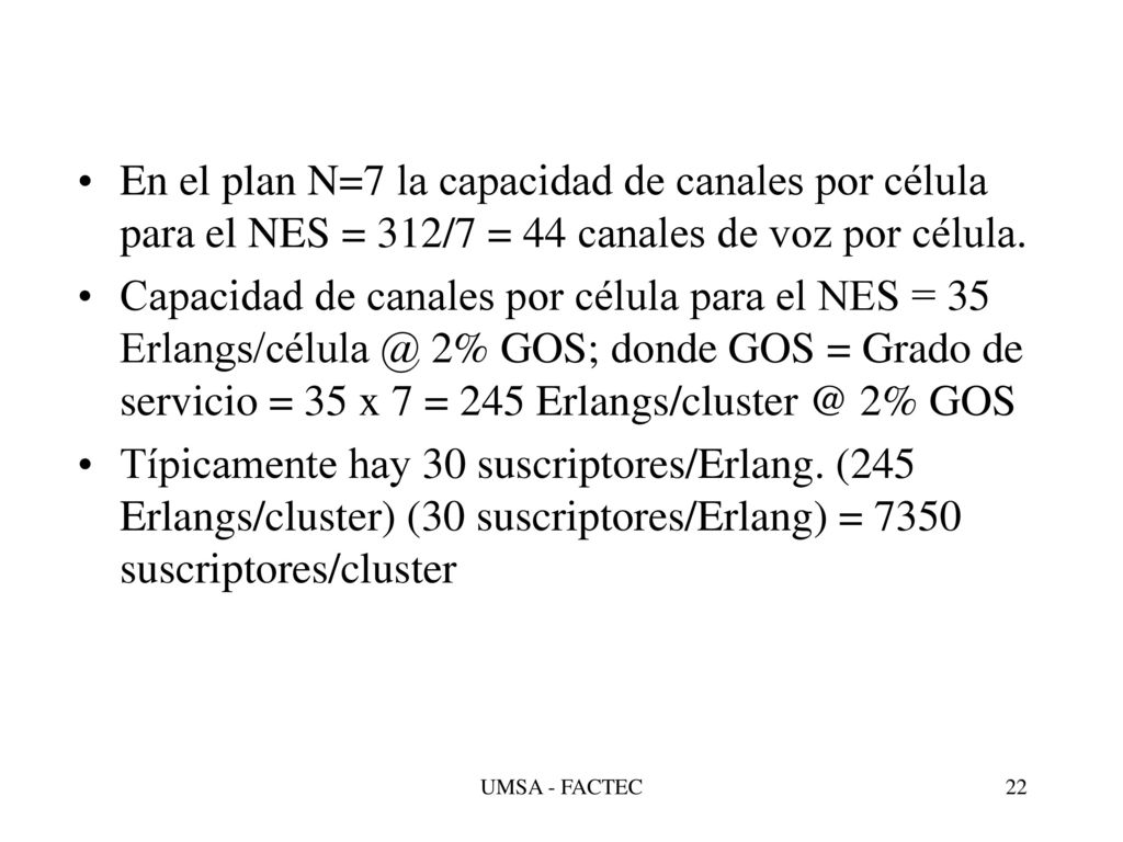 En el plan N=7 la capacidad de canales por célula para el NES = 312/7 = 44 canales de voz por célula.
