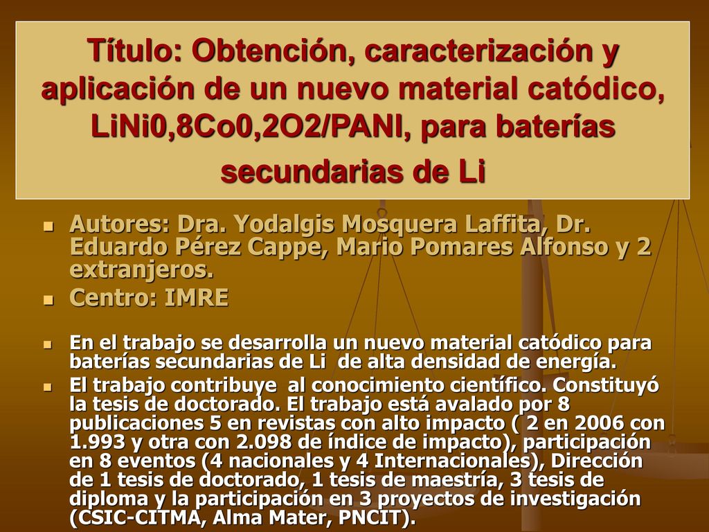Título: Obtención, caracterización y aplicación de un nuevo material catódico, LiNi0,8Co0,2O2/PANI, para baterías secundarias de Li