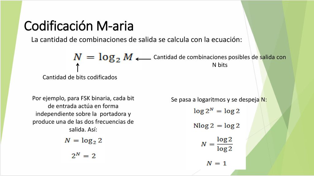Codificación M-aria La cantidad de combinaciones de salida se calcula con la ecuación: Cantidad de bits codificados.