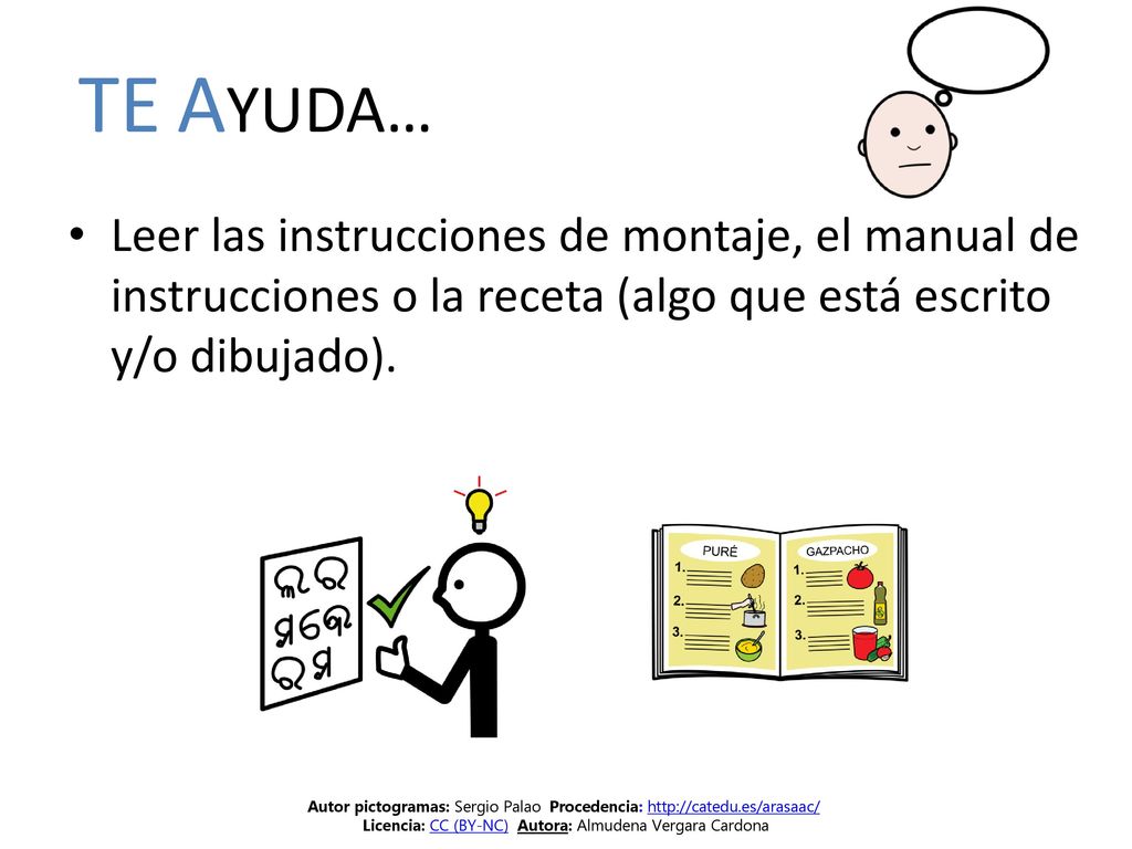 TE AYUDA… Leer las instrucciones de montaje, el manual de instrucciones o la receta (algo que está escrito y/o dibujado).