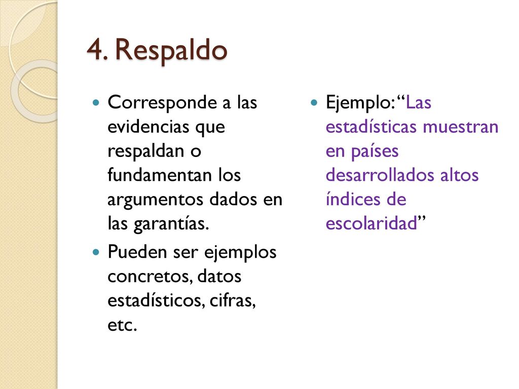 4. Respaldo Corresponde a las evidencias que respaldan o fundamentan los argumentos dados en las garantías.